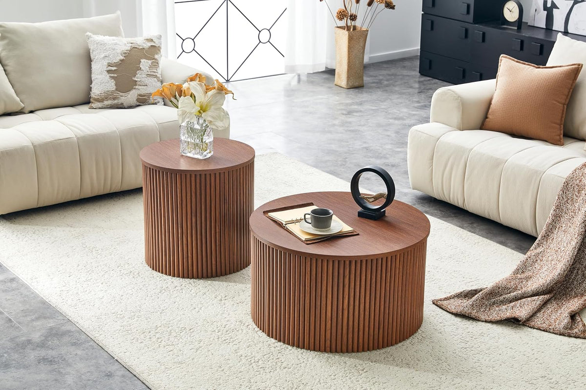 KEIKI Round Nesting Coffee Table Set of 2, Roman Wood Center Table & End Table Set with Built-in Storage, Modern Accent Tables for Small Space Living Room Bedroom, No Assembly, Brown