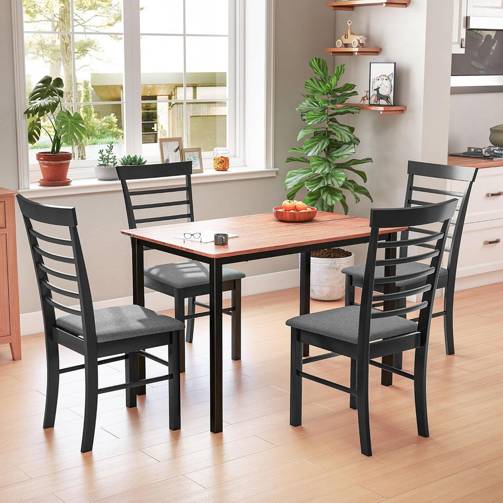 HOMCOM Wooden Dining Chairs Set of 2, Farmhouse Upholstered Kitchen Chairs with Rubber Wood Frame for Living Room, Dining Room, Black and Gray
