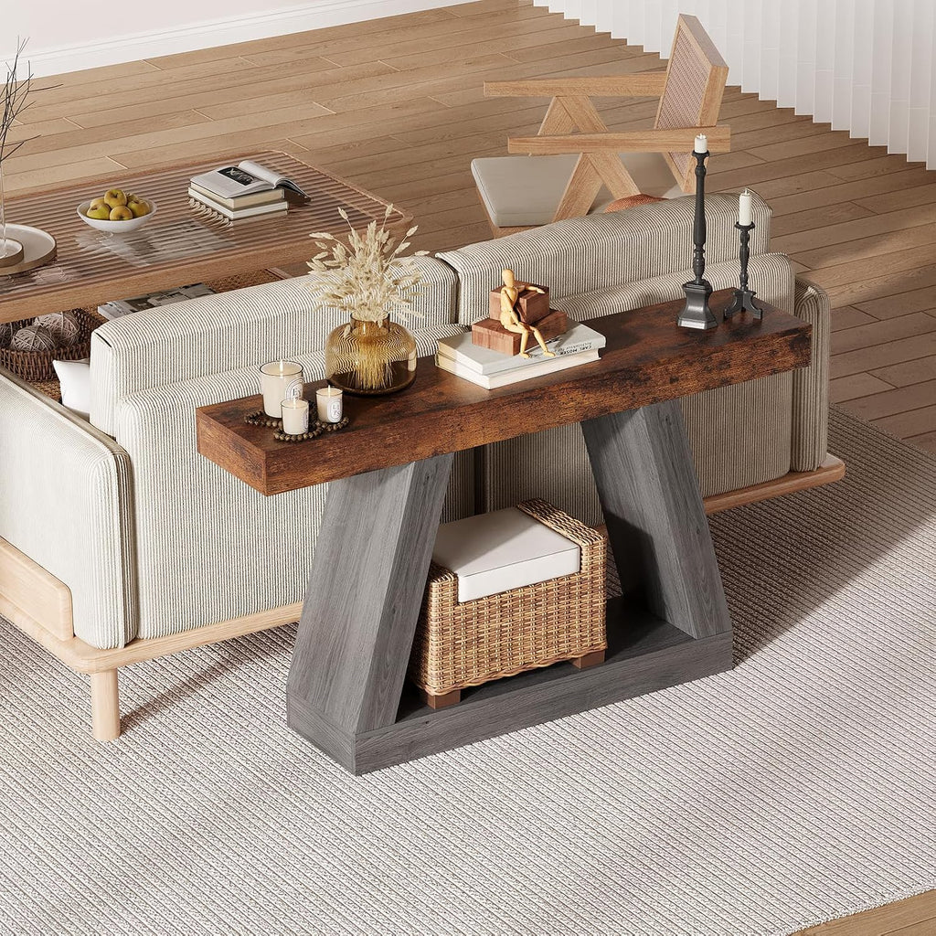 55in Farmhouse Console Table - 2-Tier Wooden Trapezium Sofa Table - Skinny Entryway Furniture with Open Storage Shelf - Ideal for Living Room, Behind Couch, Hallway - Gray