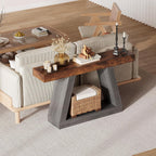 55in Farmhouse Console Table - 2-Tier Wooden Trapezium Sofa Table - Skinny Entryway Furniture with Open Storage Shelf - Ideal for Living Room, Behind Couch, Hallway - Gray