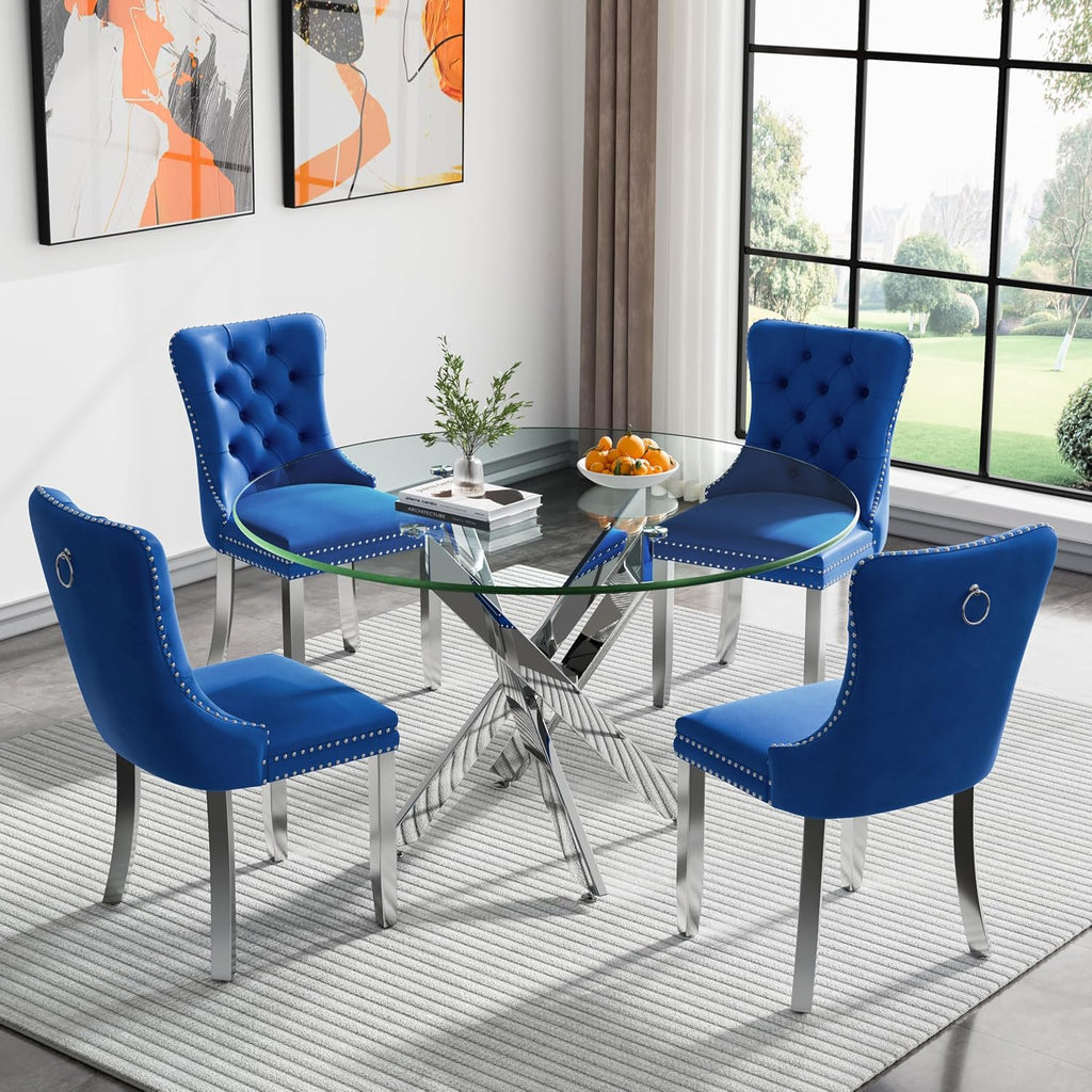 Round Glass Dining Table Set for 4, Small Kitchen Table Set for 4, 47" Round Glass Table and Chairs Set of 4, 5 Piece Round Dining Room Table Set w/Navy Blue Velvet Chairs for Breakfast Dinette Cafe