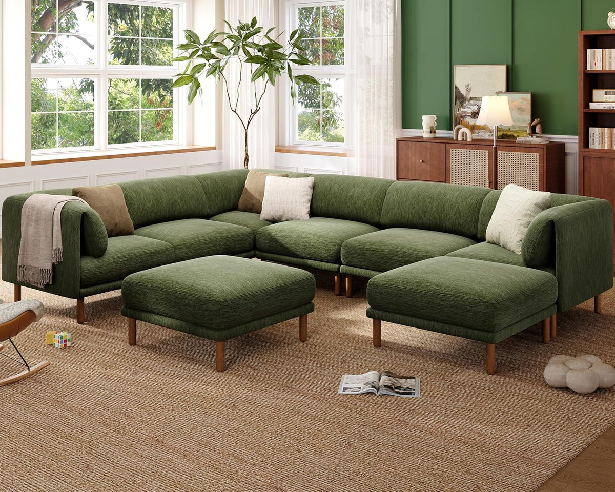 Cloud Sectional Couches for Living Room,Modular Sectional Sofa,Green | Extra Deep 8 Seater,Mid Century Modern Oversized Couches With 2 Ottoman,Solid Wood Leg,Large Sofa for Big Space,Office
