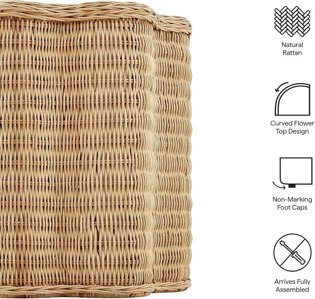 Modway Erika Scalloped Natural Rattan Side Table in Natural – 16 Inch Small Round Accent Stool with Flower-Shaped Top for Living Room, Bedroom, or Covered Patio