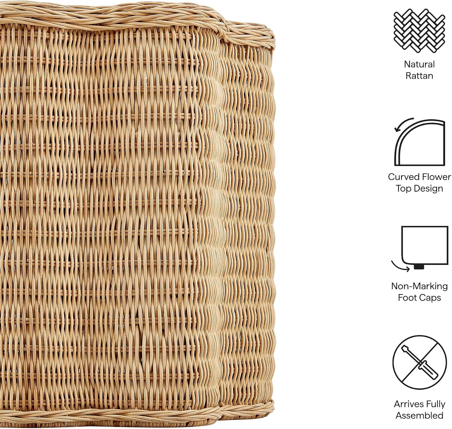 Modway Erika Scalloped Natural Rattan Side Table in Natural – 16 Inch Small Round Accent Stool with Flower-Shaped Top for Living Room, Bedroom, or Covered Patio