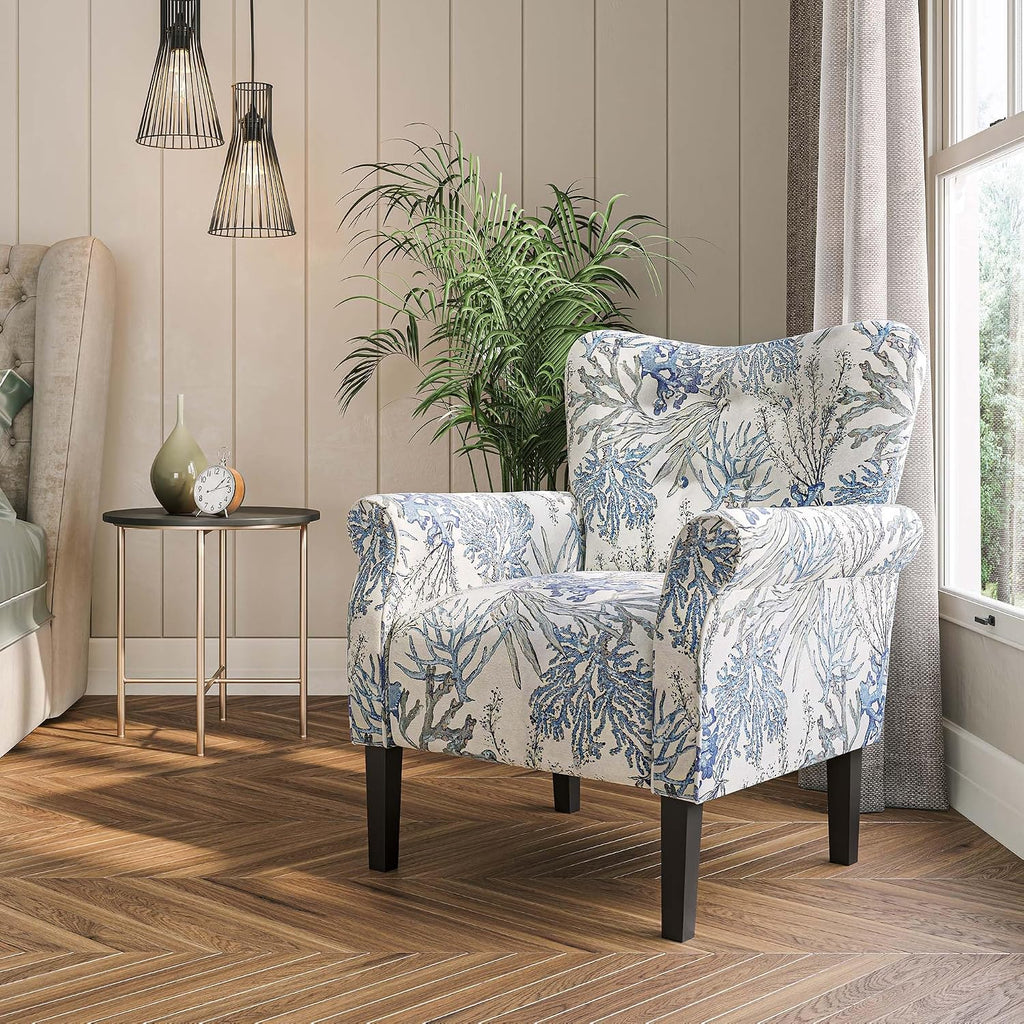 BELLEZE Modern Accent Chair for Living Room, High Back Linen Armchair with Wooden Legs, Upholstered Wingback Side Chair Padded Armrest Single Sofa for Living Room, Bedroom - Allston (Blue Coral)