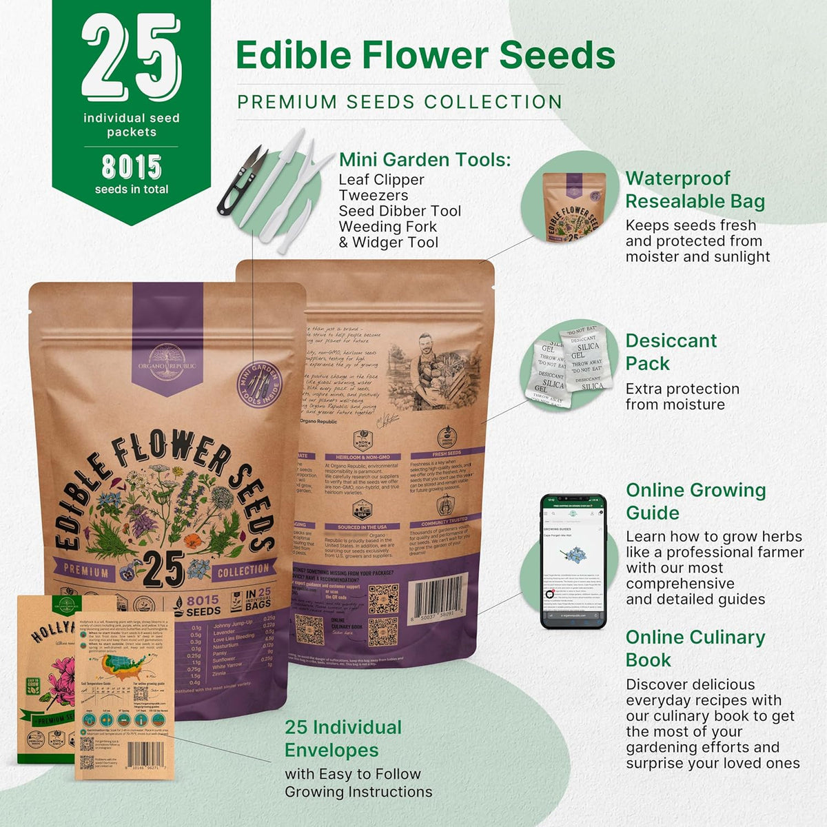Organo Republic 25 Edible Flower Seeds Variety Pack for Indoor Outdoor Gardening - 8,000+ Non-GMO Heirloom Flower Seeds: Anise, Hyssop, Nasturtium, Pansy, Echinacea, Lavender, Chives & More