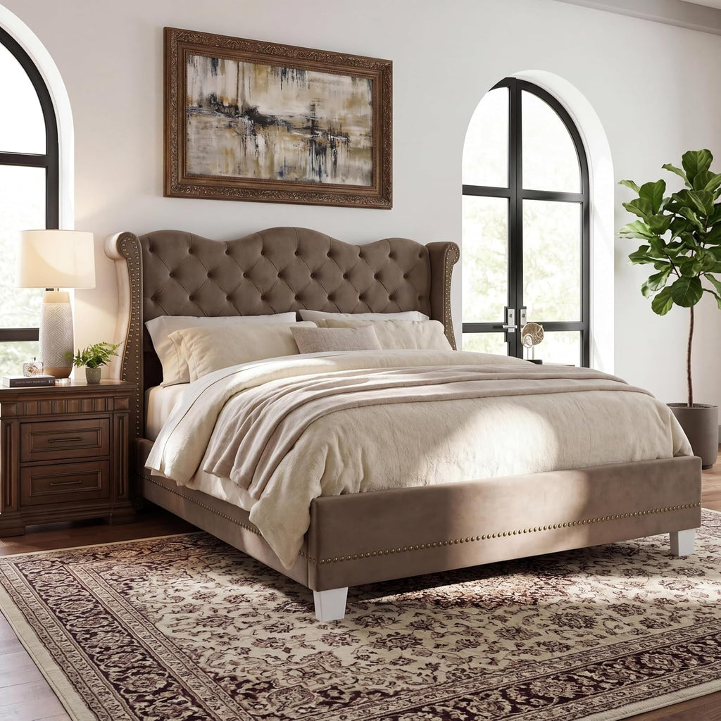 Merax Brown King Size Velvet Upholstered Bed Frame with Thick Tufted Wingback Headboard, Retro Classic Style Platform Bed with Sturdy Wood Slatted Support and Legs, No Box Spring Needed, Bear 700lbs
