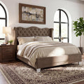 Merax Brown King Size Velvet Upholstered Bed Frame with Thick Tufted Wingback Headboard, Retro Classic Style Platform Bed with Sturdy Wood Slatted Support and Legs, No Box Spring Needed, Bear 700lbs