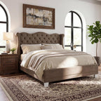 Merax Brown King Size Velvet Upholstered Bed Frame with Thick Tufted Wingback Headboard, Retro Classic Style Platform Bed with Sturdy Wood Slatted Support and Legs, No Box Spring Needed, Bear 700lbs