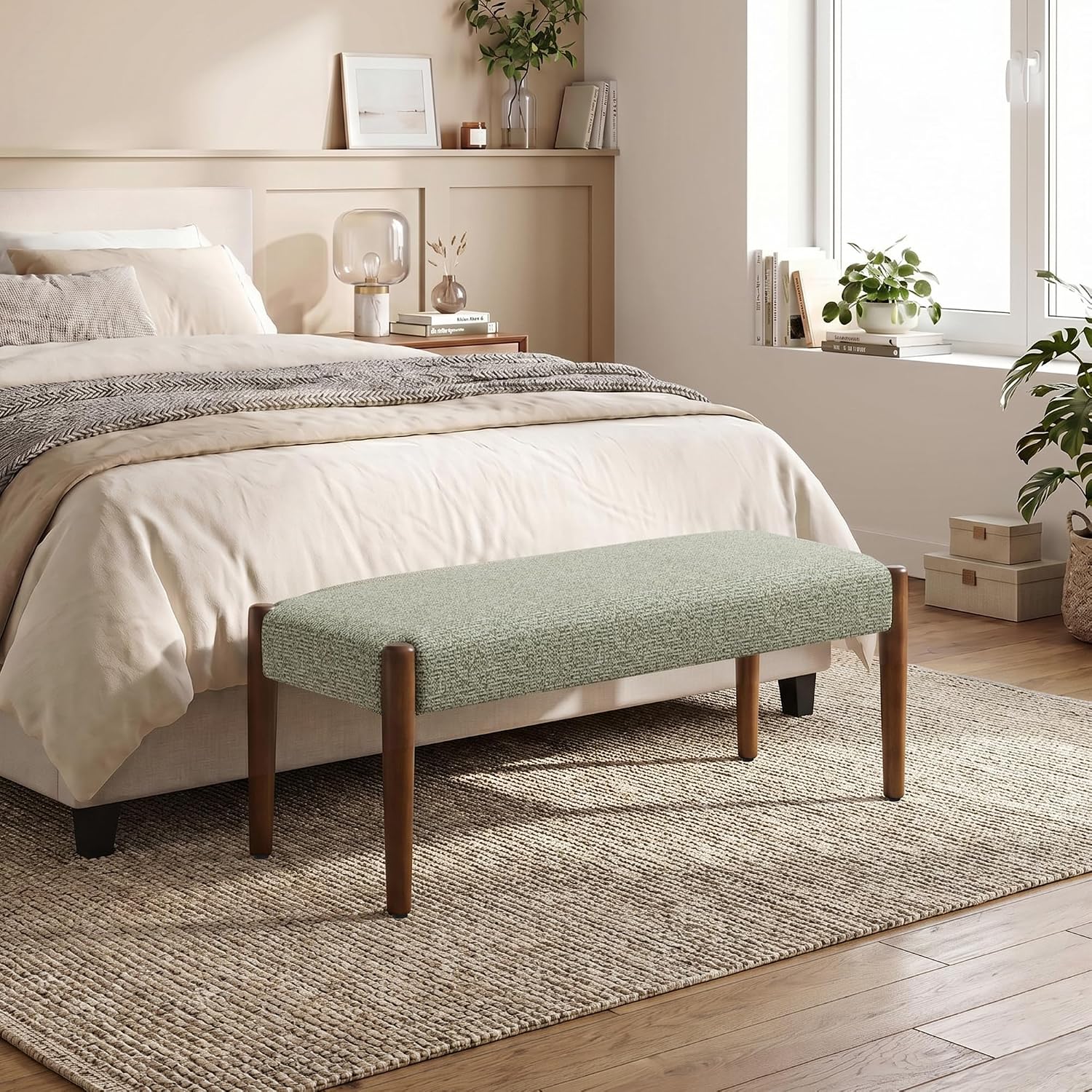 Usaint 42" End of Bed Bench, Modern Upholstered Bedroom Bench with Rubberwood Legs, Entryway Bench with Cushion, Dining Bench for Living Room, Bedroom, Green with Walnut Leg