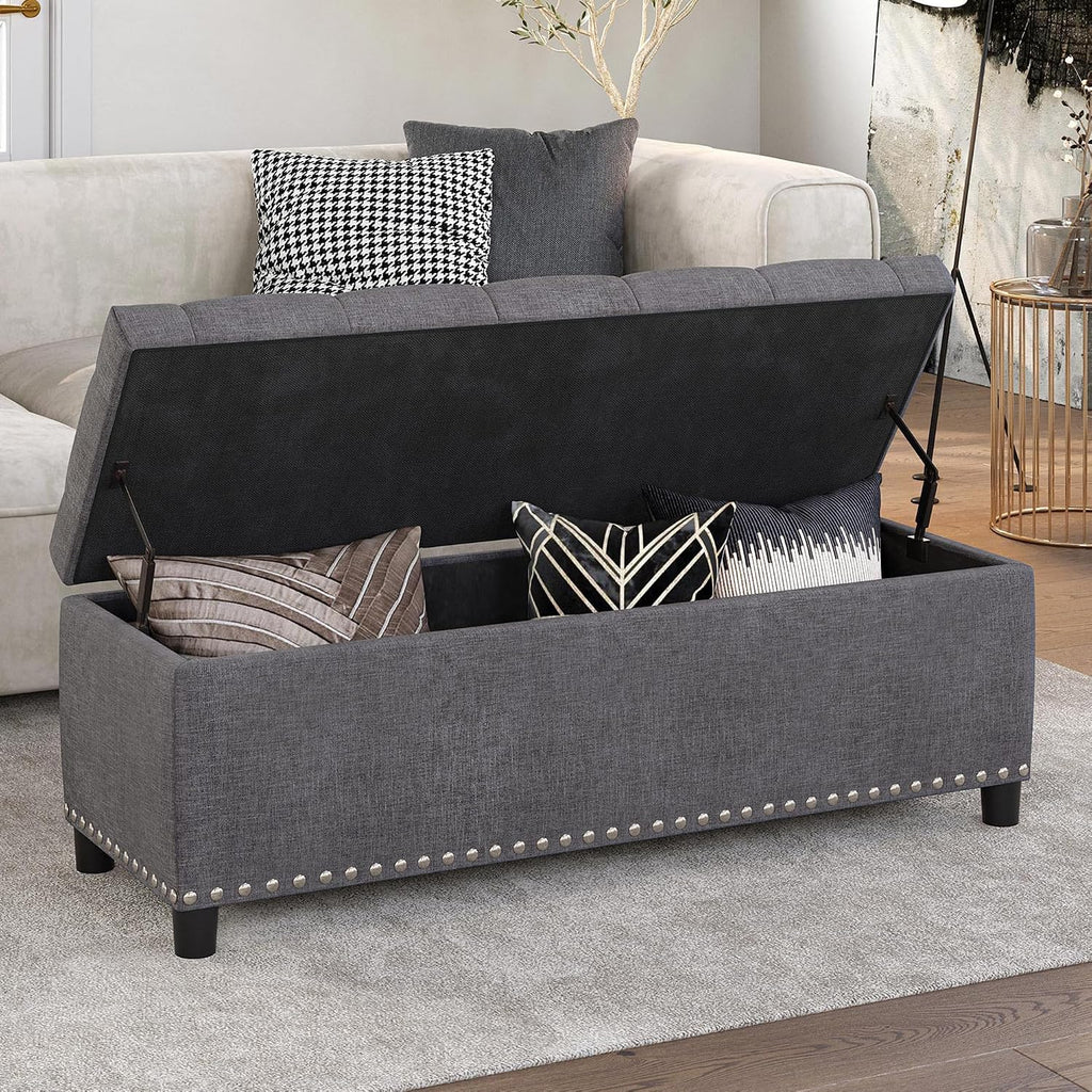 BELLEZE Storage Ottoman, Tufted Ottoman with Close Hinge, Foot Rest for Living Room (Gray, 47 inch)