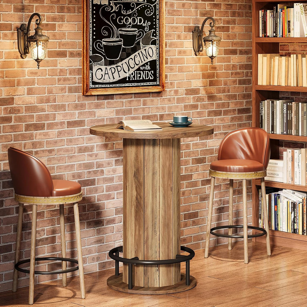 Tribesigns Round Dining Table, Bar Height Commercial Kitchen Table with Wood Strip Base and Footrest, for Dining Room, Restaurant, Cafe, Bakery, School, Apartment, Brown (Only Table)