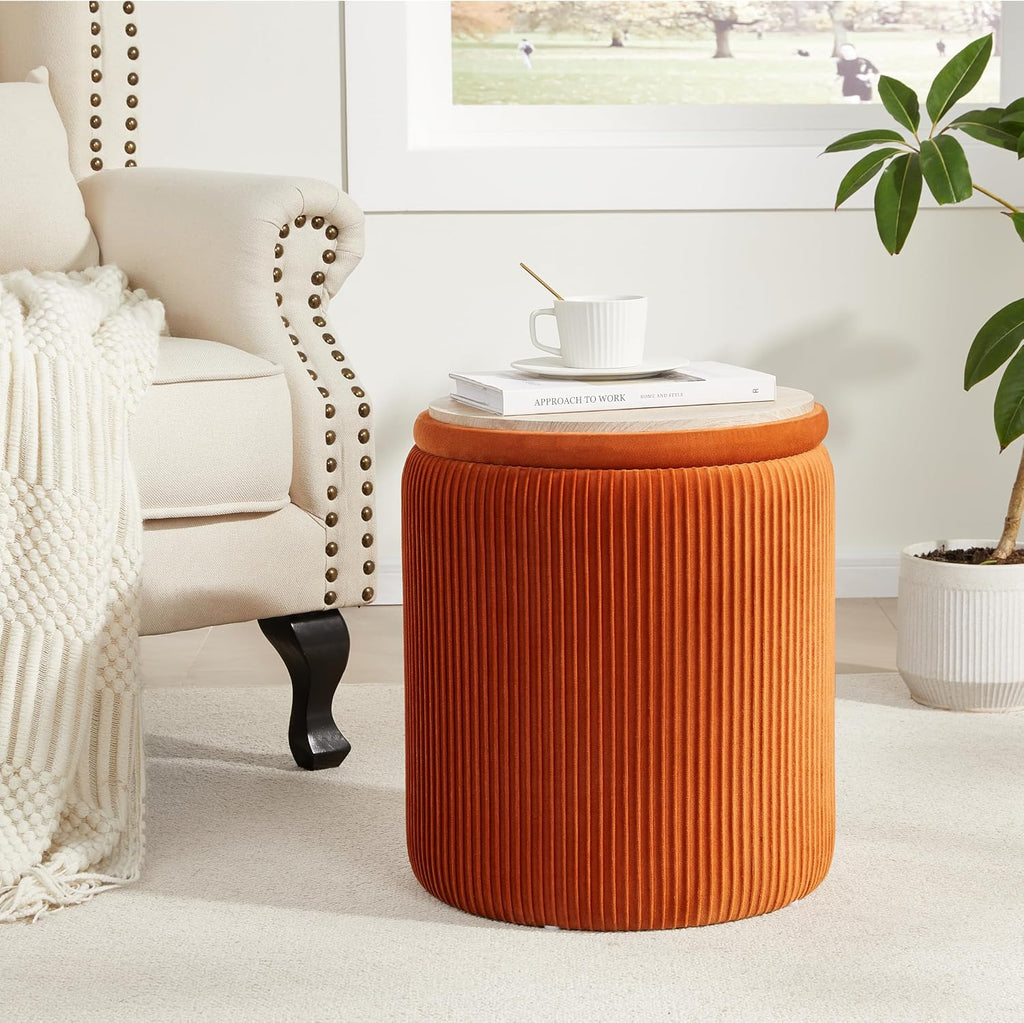 Royal Windsor Round Ottoman with Storage Set of 2, Storage Vanity Stool | Velvet Upholstered Round Storage Ottoman, Ottoman Coffee Table, Small Foot Stool for Living Room & Bedroom, Orange
