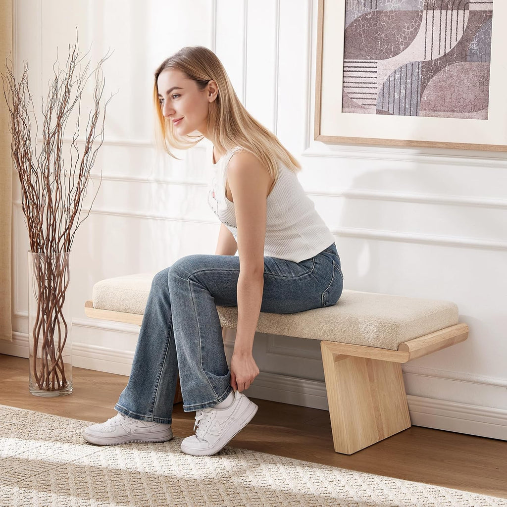 47.2" Natural Wood Bedroom Bench, Upholstered Entryway Bench, Modern End of Bed Ottoman with Soft Padded Seat & Solid Wood Frame for Dining Room and Living Room, Linen