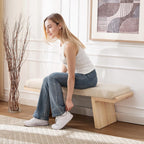 47.2" Natural Wood Bedroom Bench, Upholstered Entryway Bench, Modern End of Bed Ottoman with Soft Padded Seat & Solid Wood Frame for Dining Room and Living Room, Linen