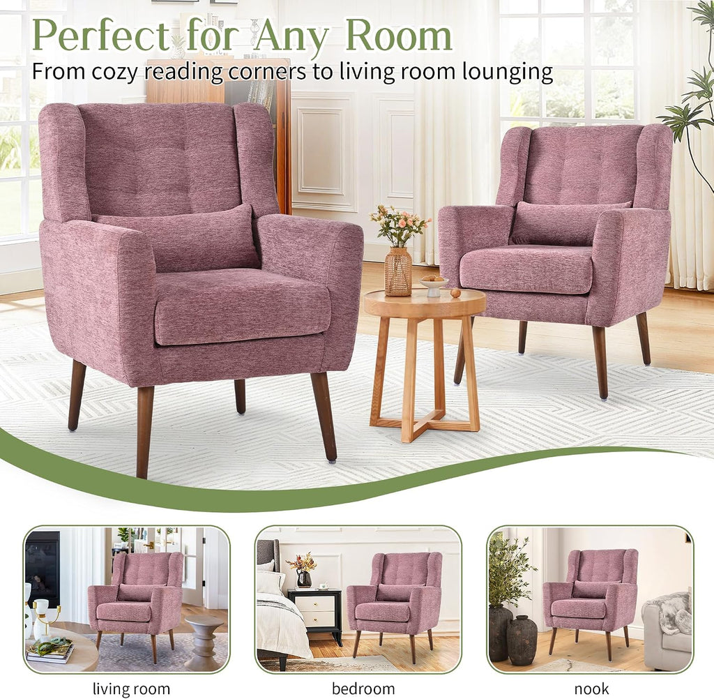 cinkehome Accent Arm Chairs for Living Room, Chenille Upholstered Mordern Armchair, Comfy Soft Padded Lounge Chair in Small Spaces, Bedroom, Pillow, Solid Wood Leg, Purple