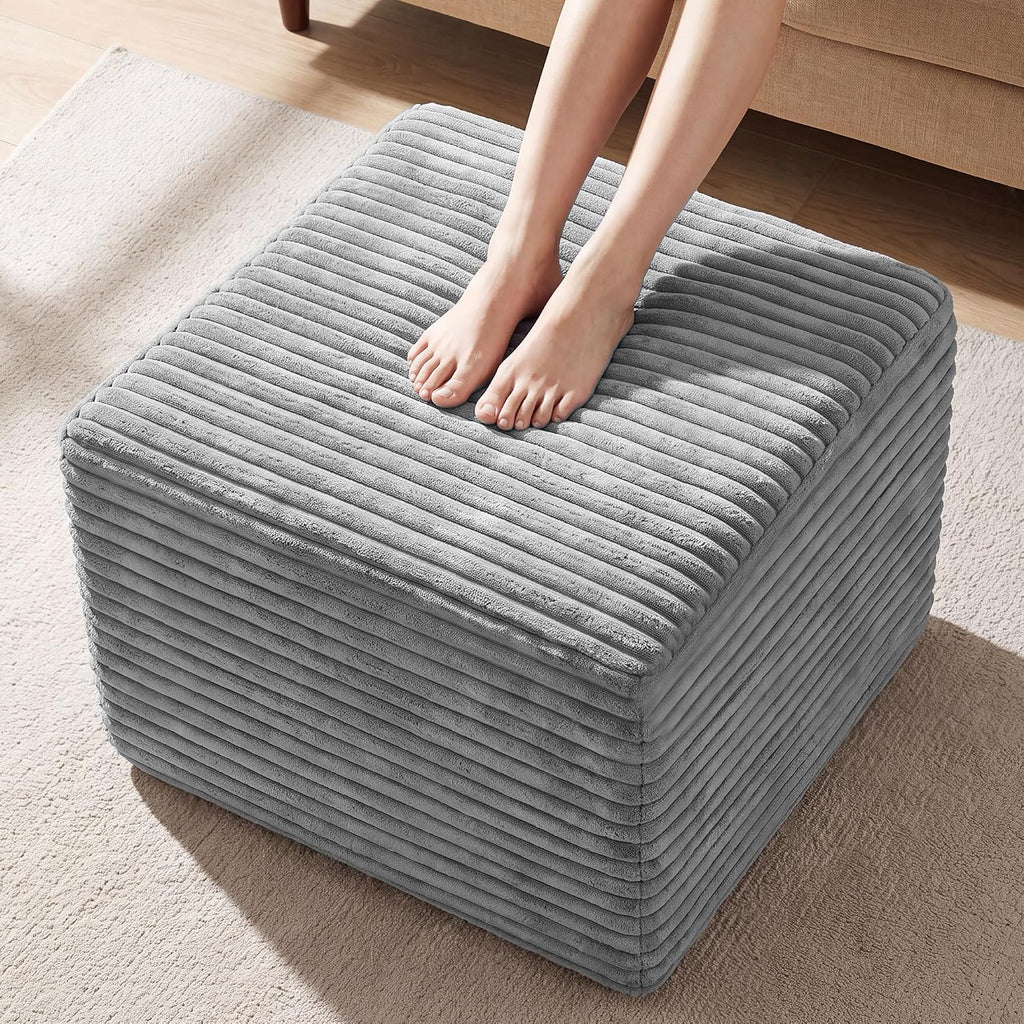 23in Square Pouf Ottoman, Large Corduroy Ottoman Foot Rest with Solid High-Density Foam, Removable Washable Cover, Soft Floor Foot Stool for Living Room, Bedroom, Grey
