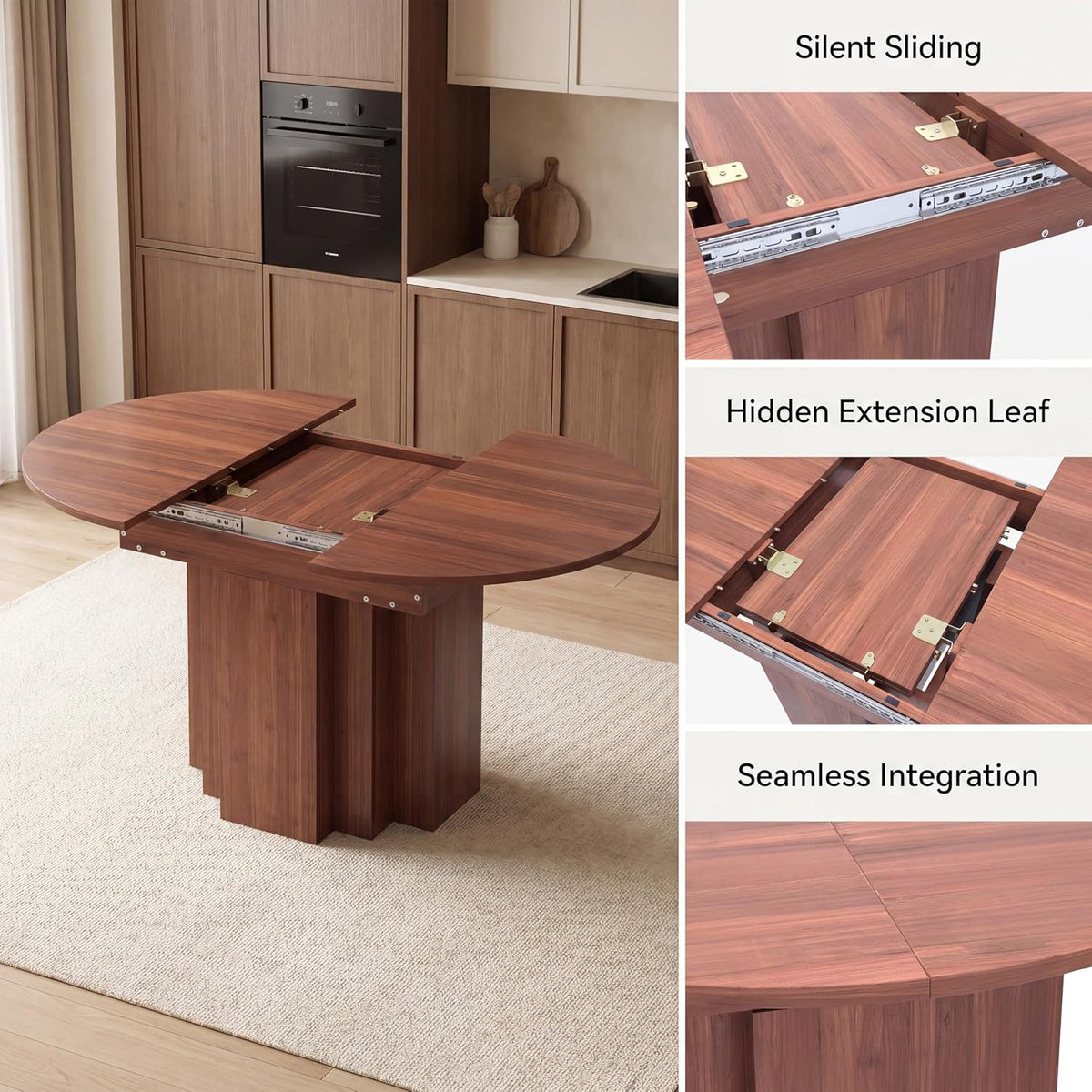 Extendable Round Dining Table, 45.3"-61" Space Saving Oval Kitchen Table with Self-Storing Butterfly Leaf, Modern Farmhouse Walnut Dining Room Table with Fluted Pedestal Base for 4-6 People