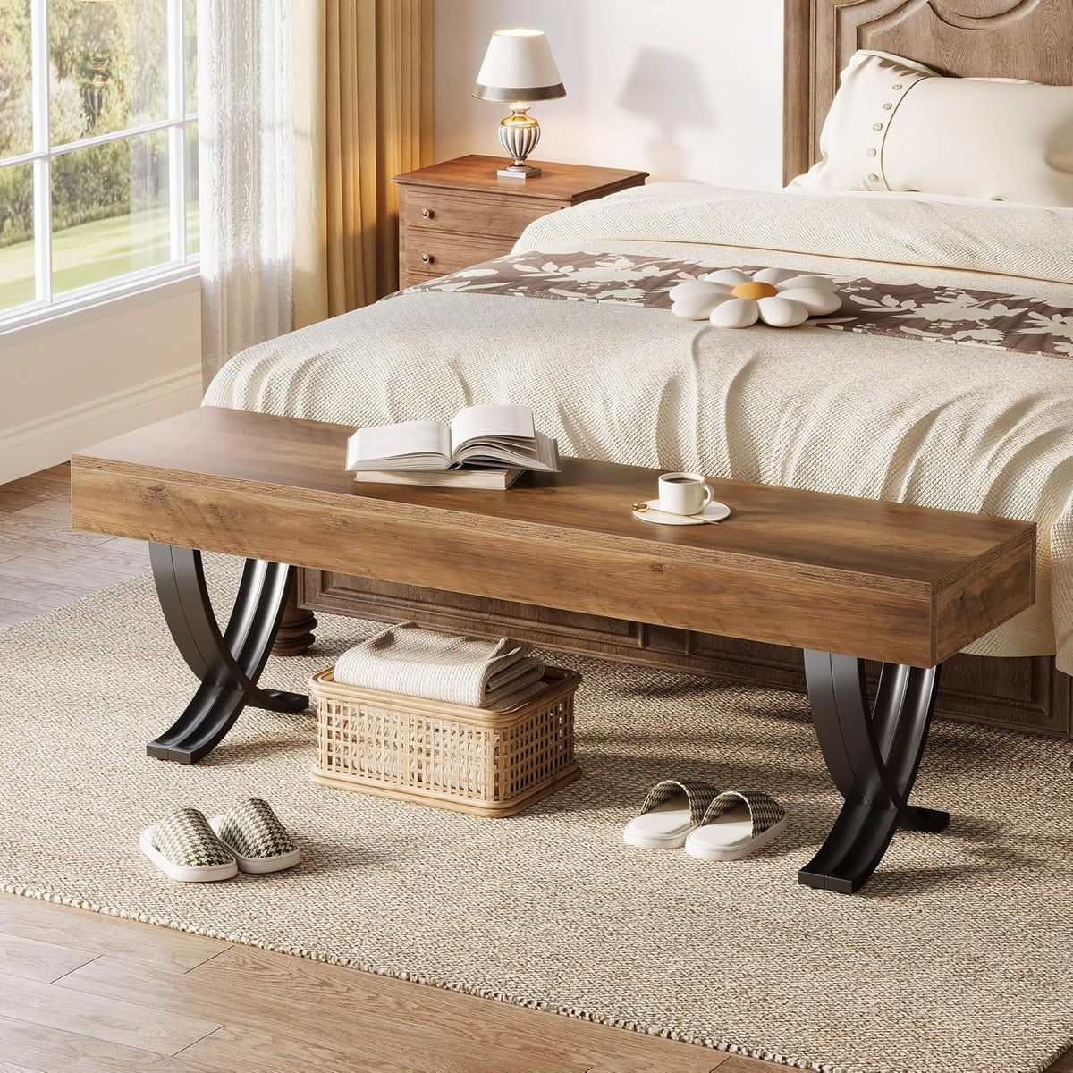 Tribesigns Entryway Shoe Bench, 55-Inch Wooden Shoe Bench with Metal X-Shaped Legs, Industrial Long End of Bed Stool with Seating for Bedroom, Living Room, Hallway, Porch