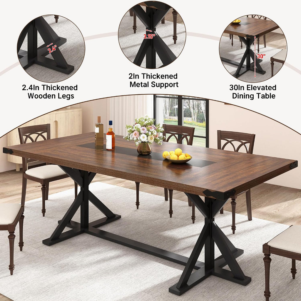 Hlivelood Dining Table for 8 10 People,Rectangular Kitchen Farmhouse Table W/Waterproof Wood Tabletop,Long Dining Room Tables W/Wood Strip Base for Kitchen Living Room(94IN BR&BK)