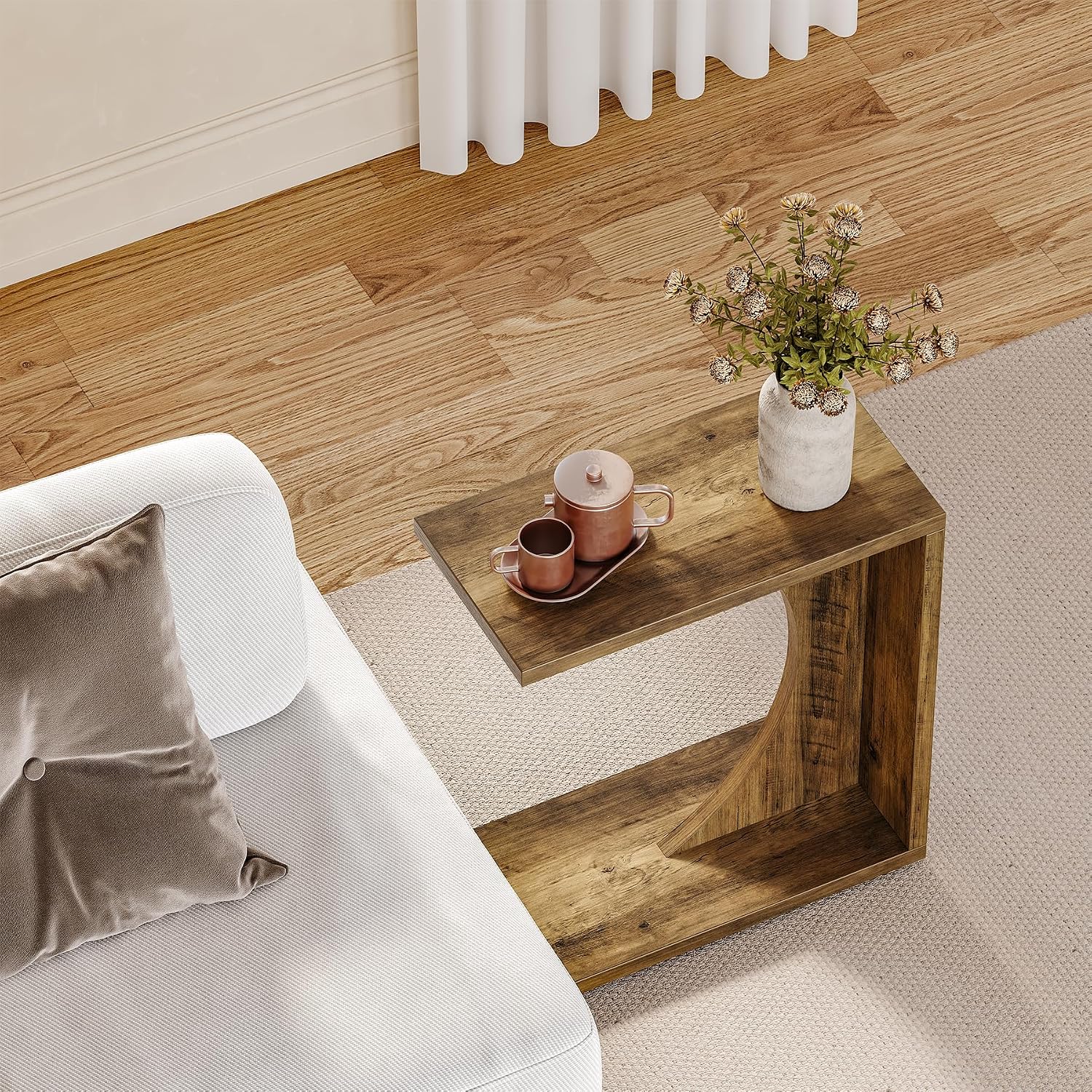 LITTLE TREE C Shaped End Table for Sofa & Bedroom - Small Side Table for Living Room, Over Couch Tray Stand for Laptop, Snacks, Books, Brown, 1 Pack
