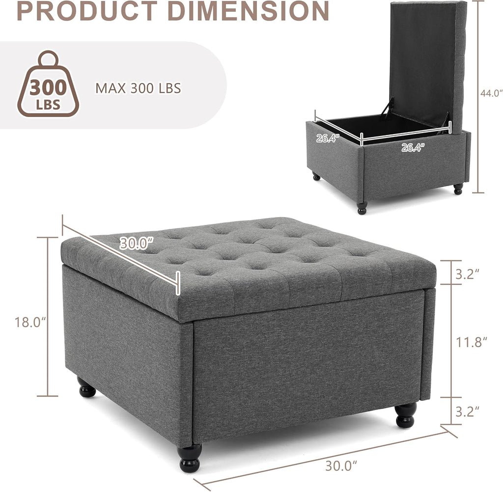 30" Large Square Ottoman with Storage, Fabric Ottoman Coffee Table, Grey | Tufted Upholstered Ottoman for Living Room, Oversized Square Storage Ottoman for Bedroom and Entryway, Solid Wood Frame