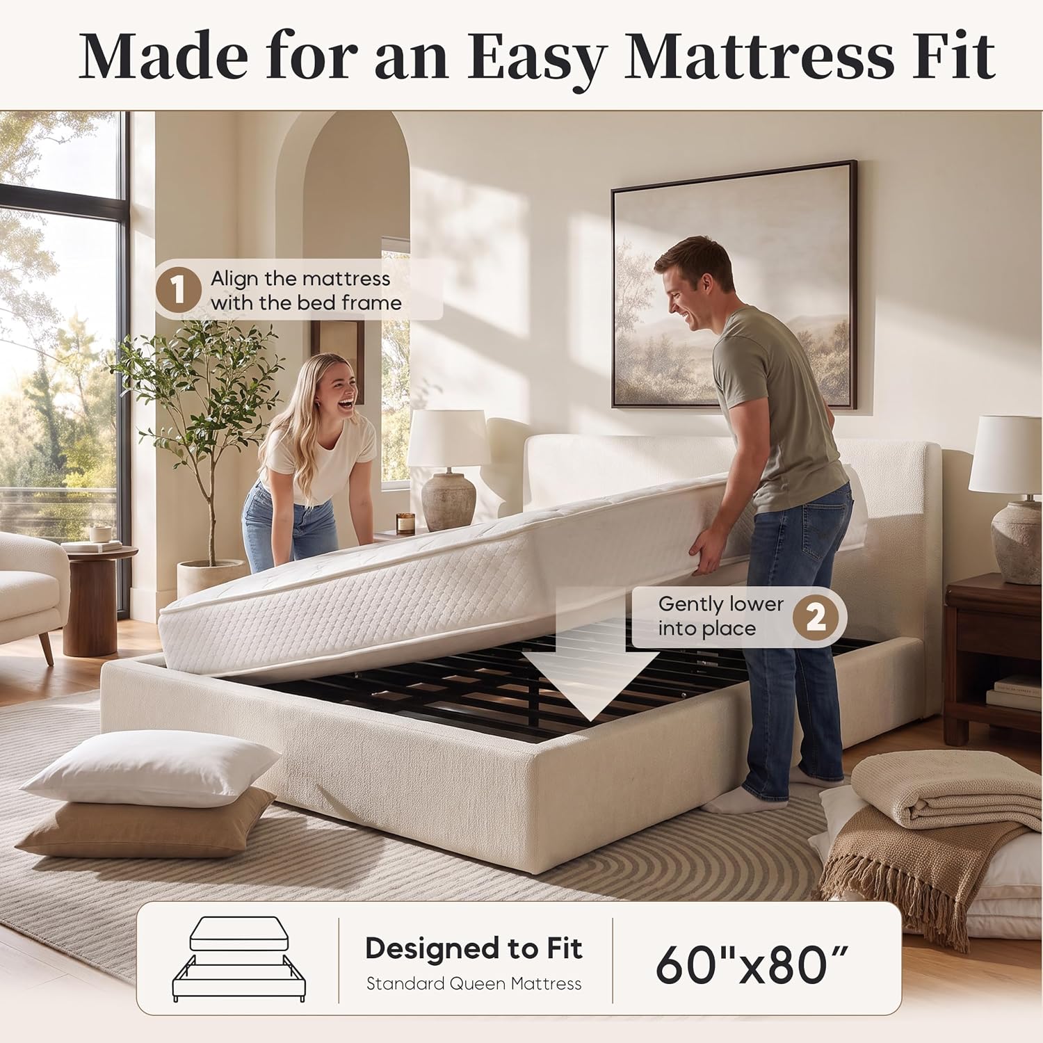 Queen Upholstered Platform Cloud Bed Frame with Headboard, Beige
