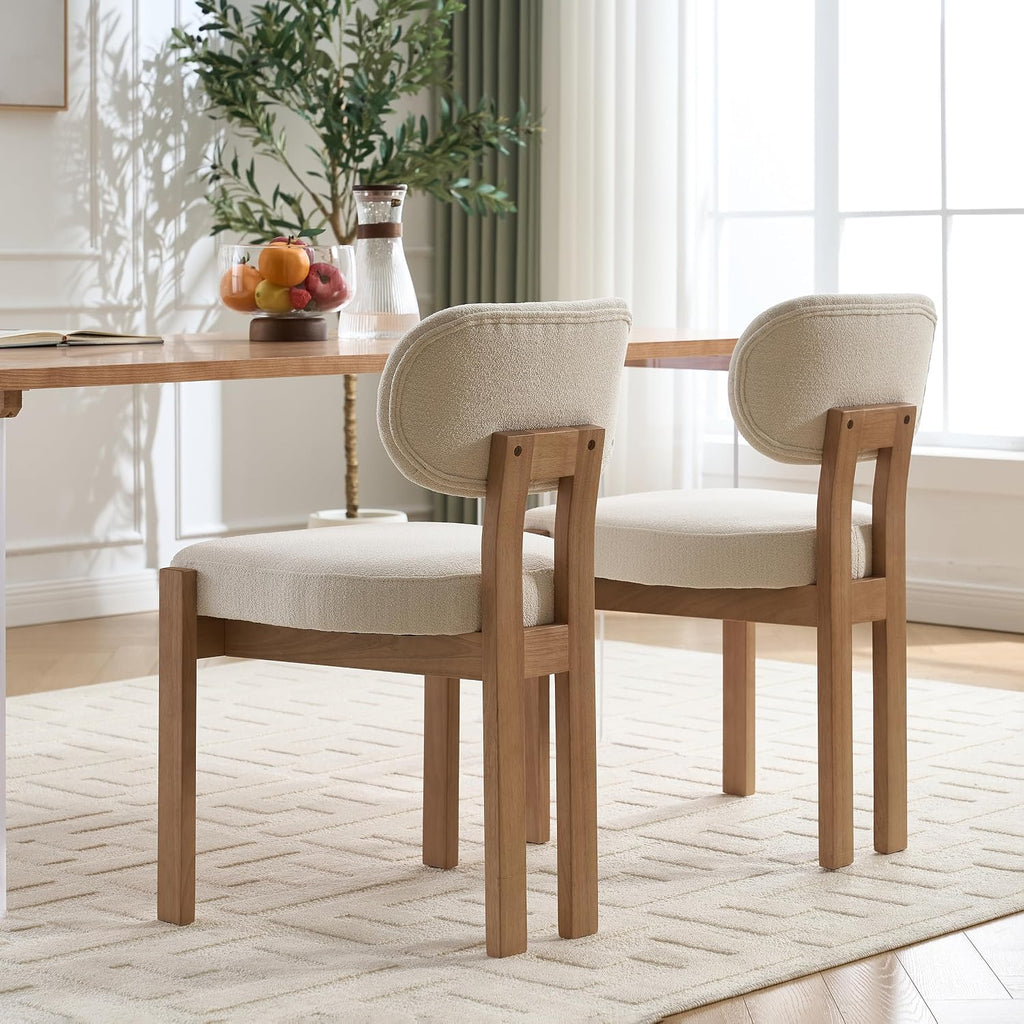 Boucle Dining Chairs Set of 2, Modern Upholstered Kitchen Chairs with Solid Wood Legs, Mid Century Teddy Fabric Dining Room Chairs with Curved Backrest, Armless Side Chairs for Small Spaces, Beige