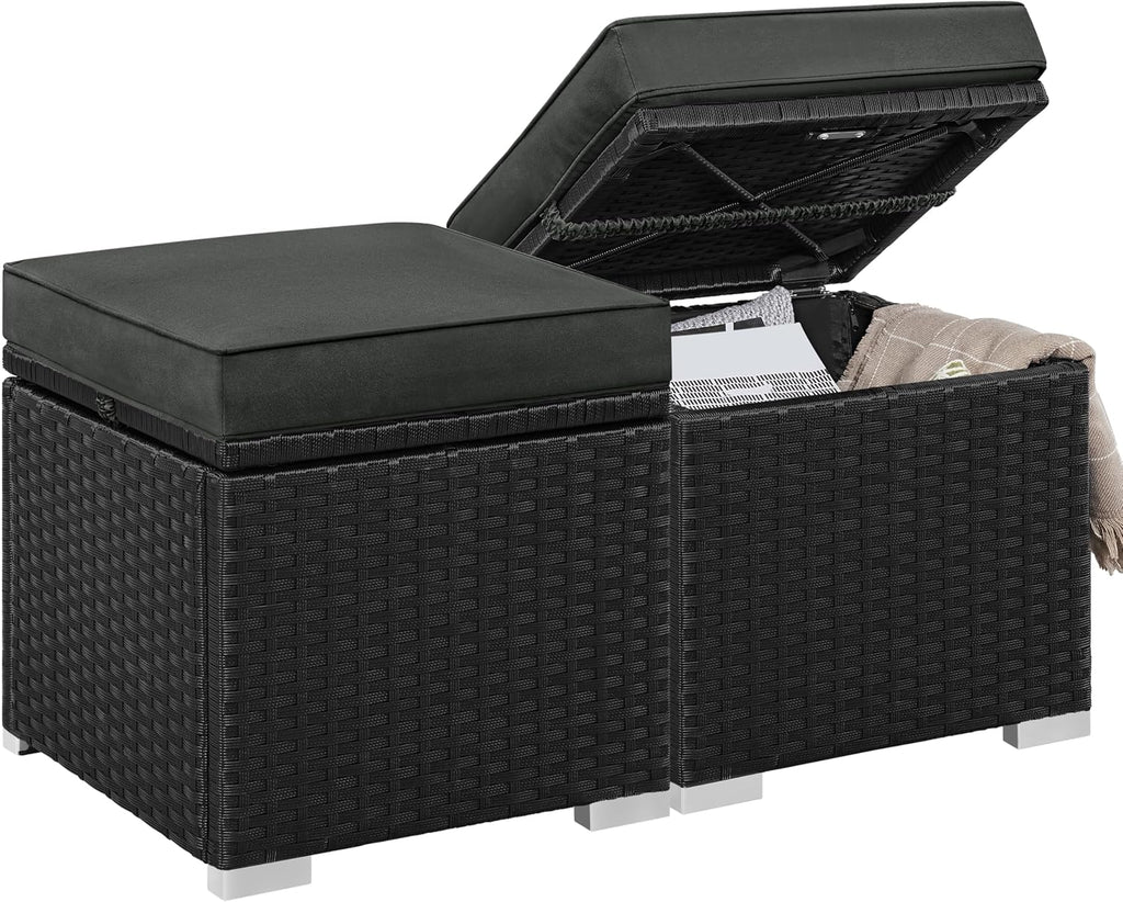 Yaheetech Wicker Ottomans, Set of 2 PE Rattan Side Tables, Black/Gray | Outdoor/Indoor Footstools with Hidden Storage & Removable Cushion, Additional Seating for Patio/Garden/Balcony/Yard