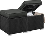 Yaheetech Wicker Ottomans, Set of 2 PE Rattan Side Tables, Black/Gray | Outdoor/Indoor Footstools with Hidden Storage & Removable Cushion, Additional Seating for Patio/Garden/Balcony/Yard
