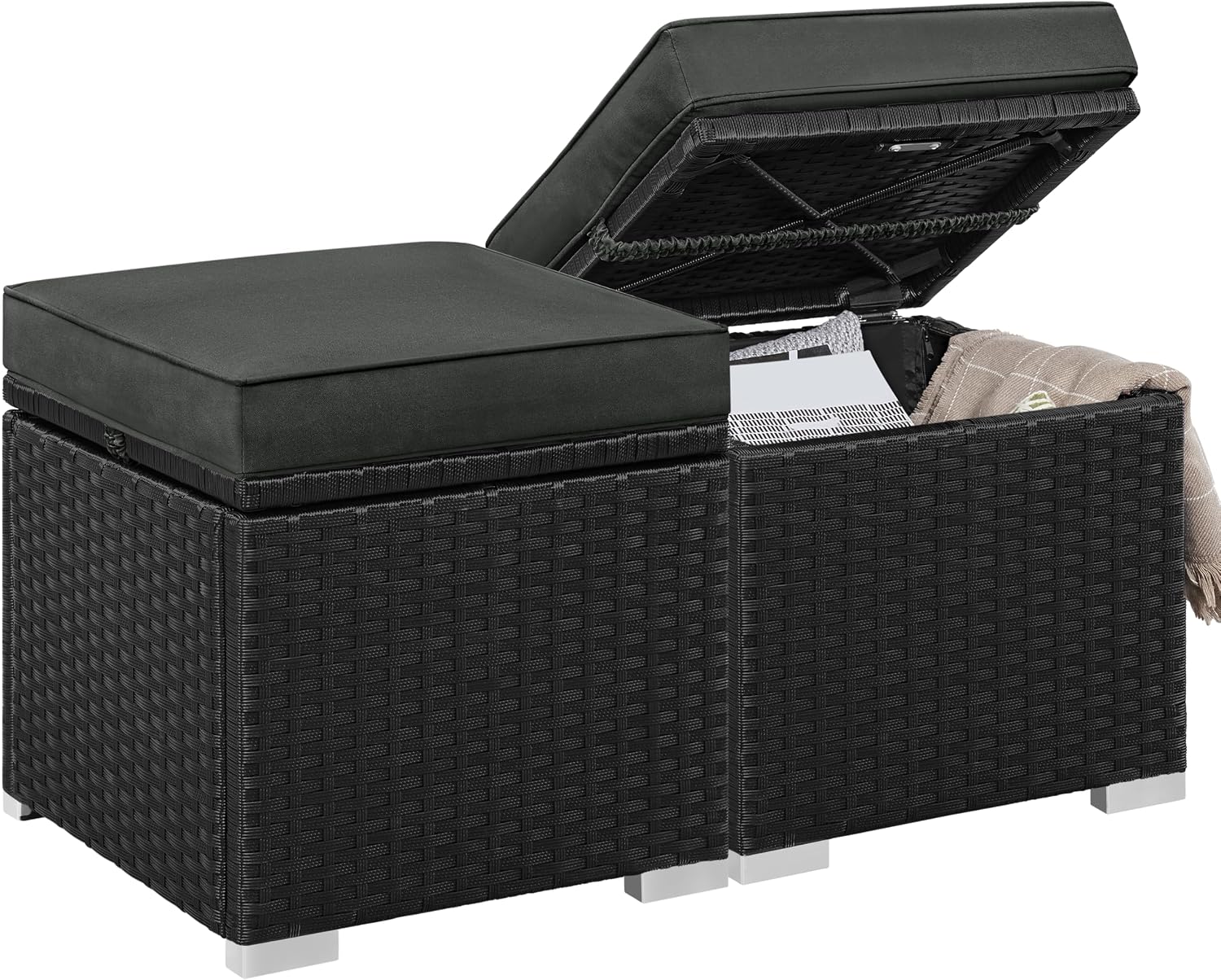 Yaheetech Wicker Ottomans, Set of 2 PE Rattan Side Tables, Black/Gray | Outdoor/Indoor Footstools with Hidden Storage & Removable Cushion, Additional Seating for Patio/Garden/Balcony/Yard