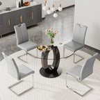 RGZ 39'' Modern Luxury Clear Glass Round Dining Table for 4-6, Glass Circle Top Kitchen Table with Elegant Silver Decorative Strips & Black Base, Small Apartment Dinner Table for Home, Living Room