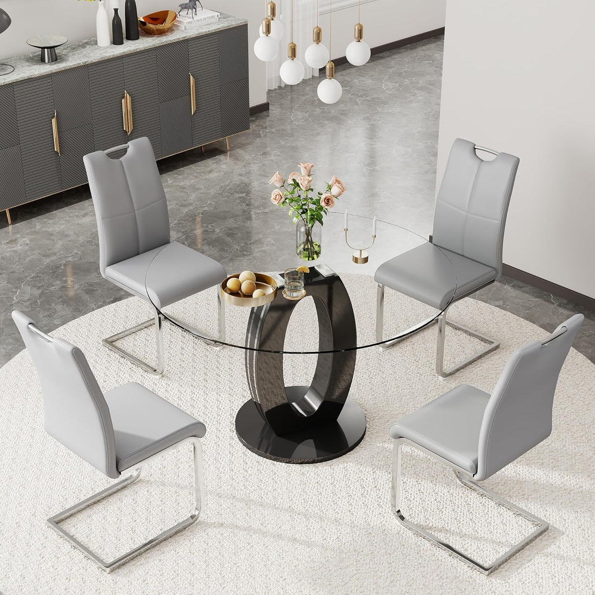 RGZ 39'' Modern Luxury Clear Glass Round Dining Table for 4-6, Glass Circle Top Kitchen Table with Elegant Silver Decorative Strips & Black Base, Small Apartment Dinner Table for Home, Living Room