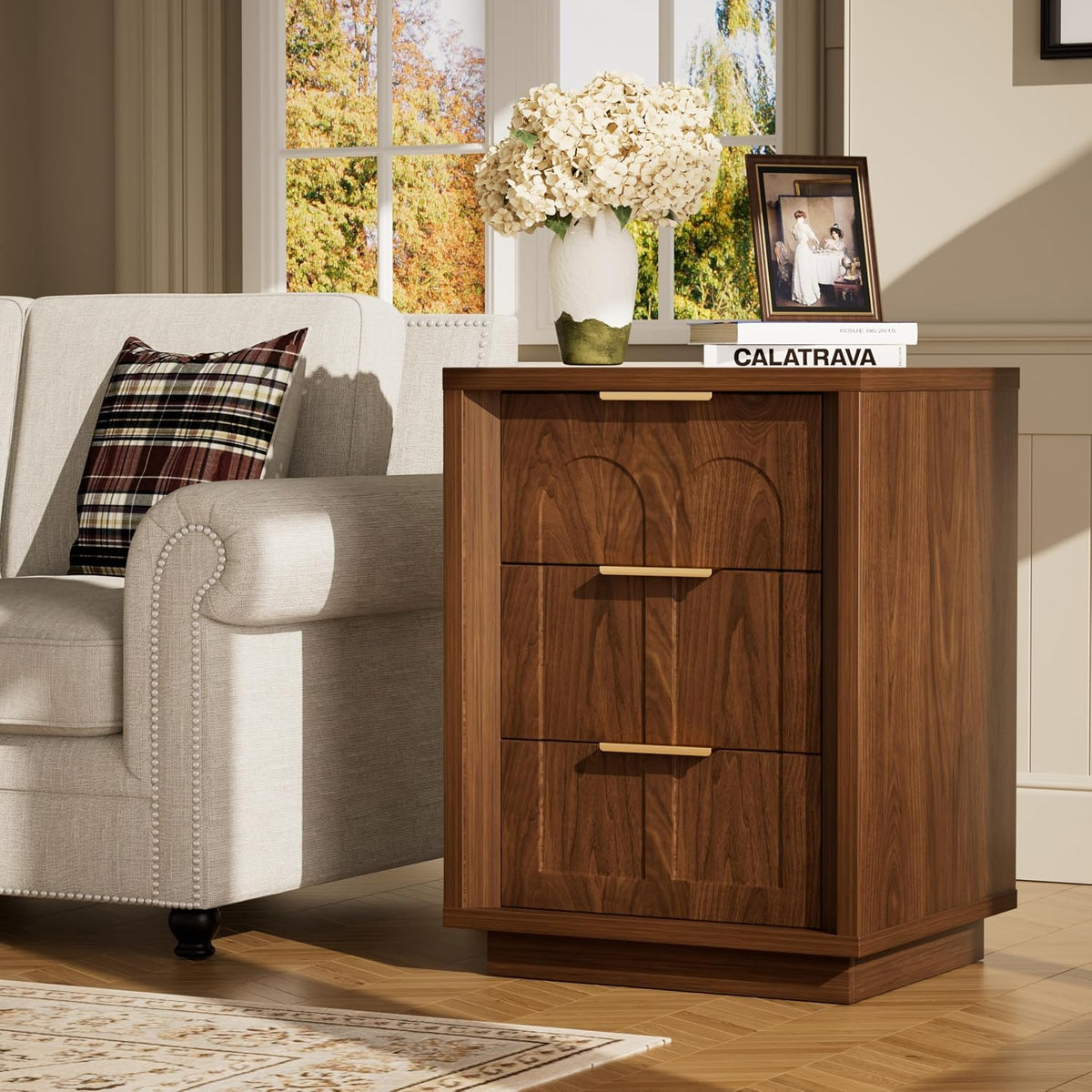 Nightstands Set of 2, Mid Century Modern 3 Drawer Bedside Tables with Arched Fronts and Gold Handles, Walnut End Tables for Bedroom, Living Room, Small Spaces，Walnut