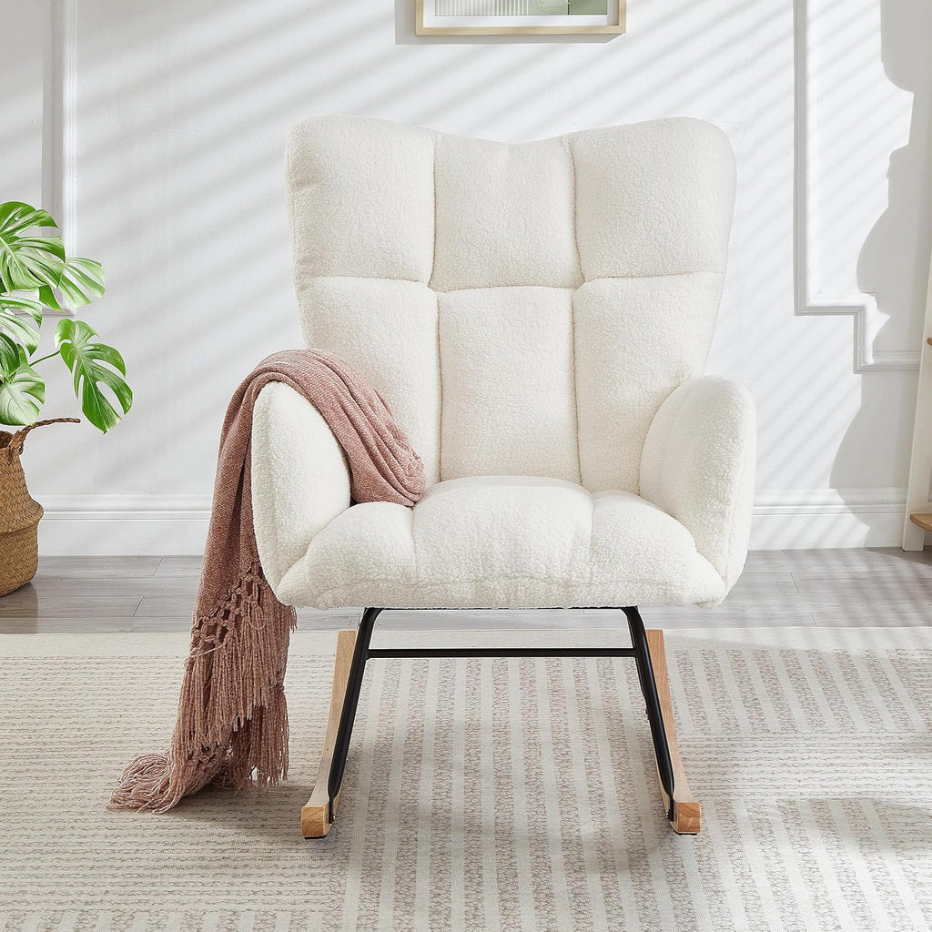 37.2" H Glider Rocking Chair Upholstered with Teddy Fabric, Indoor Rocking Chair with Armrests & Metal Frame (Ivory)