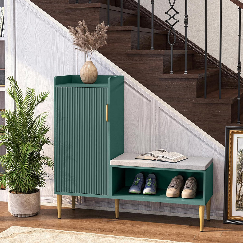 Storage Bench with Fluted Door&Shelf, Modern Entryway Bench with Padded Seat, L-Shaped Shoe Organizer Cabinet for Hallway, Living Room, Office, Green