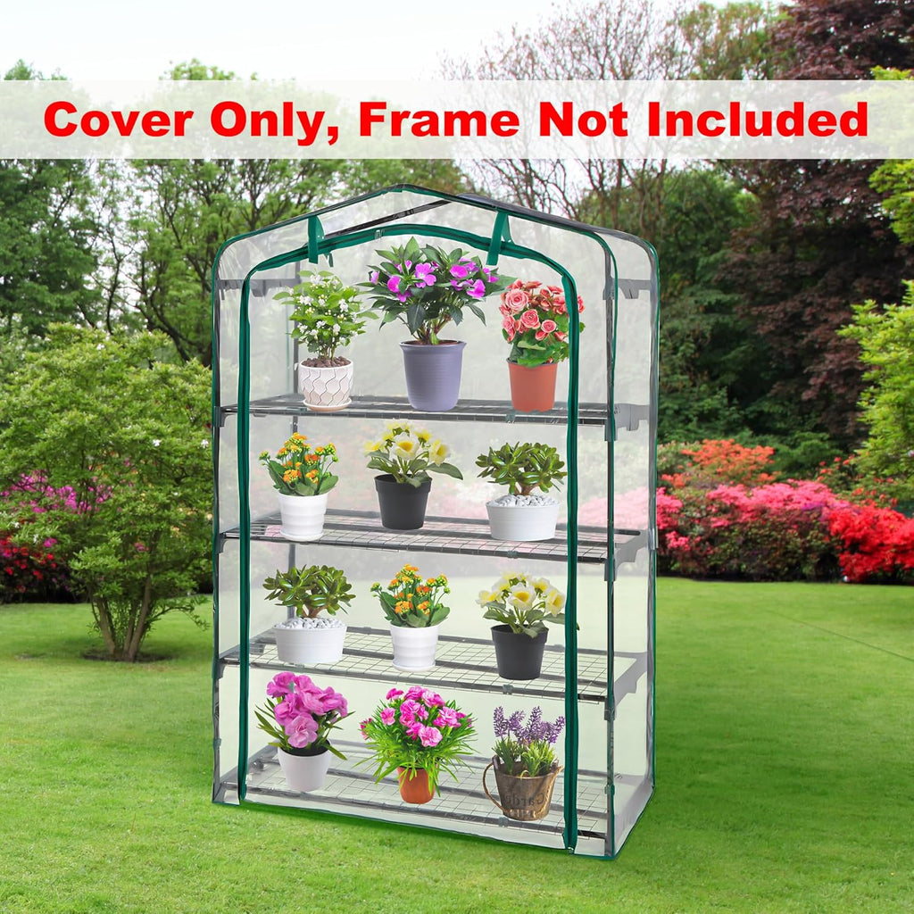 DECOHS Extra Wide 4 Tier Greenhouse Replacement Cover- 63 x 40 x 19 Inch Clear PVC Plant Gardening Greenhouse Cover with Roll-Up Zipper Door for Gardening Plants Flowers (Frame Not Include)