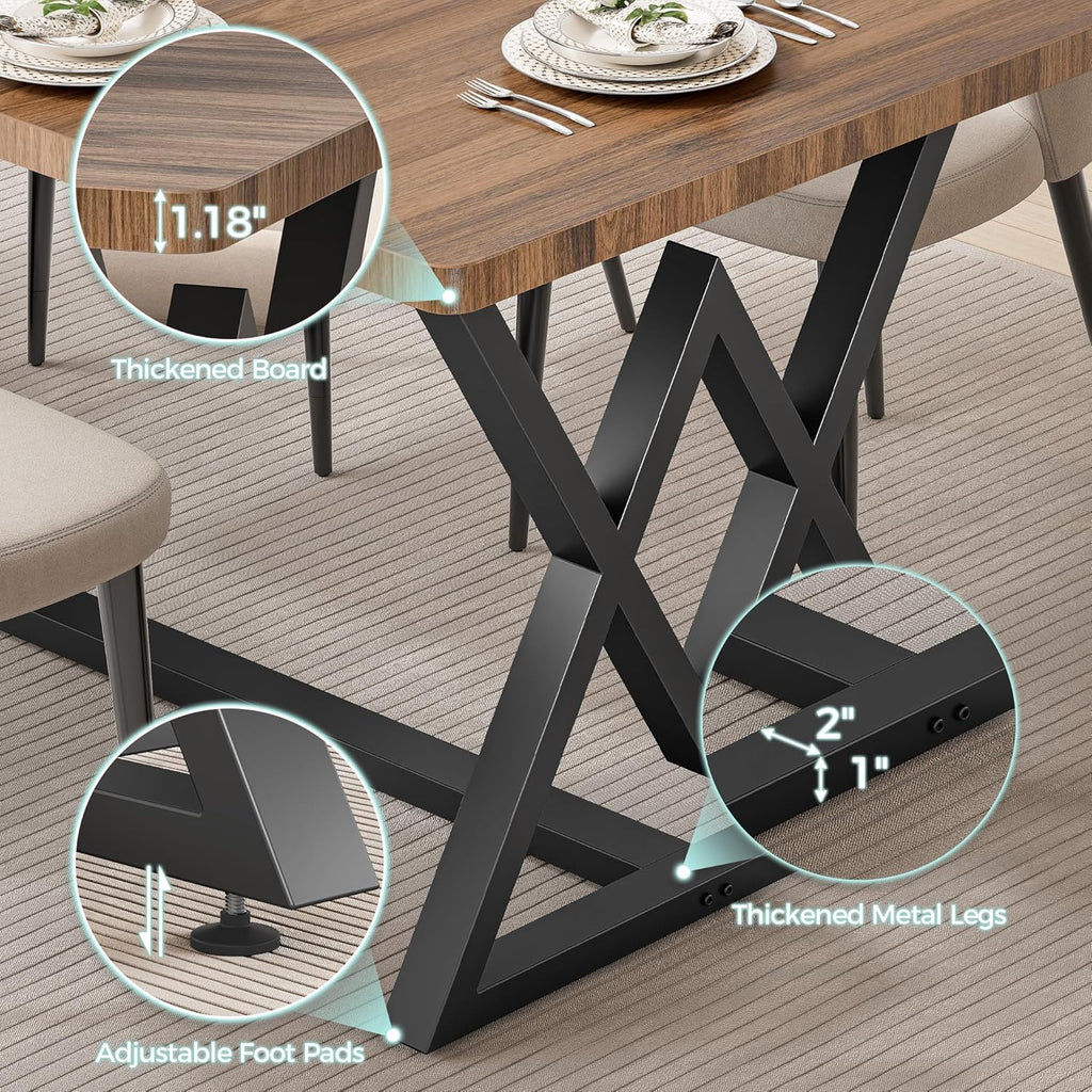 IRONCK 63" Dining Table for 4-6, Modern Rectangular Kitchen Table with Sturdy Metal Frame & Geometric Legs for Dining Room, Easy Clean-Brown