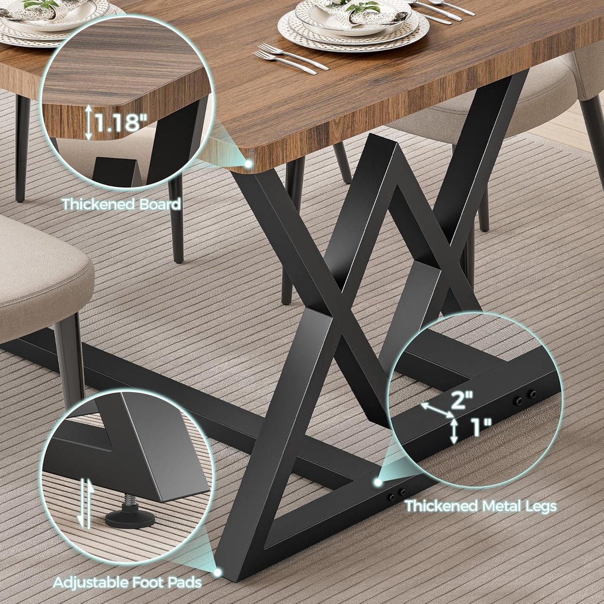 IRONCK 63" Dining Table for 4-6, Modern Rectangular Kitchen Table with Sturdy Metal Frame & Geometric Legs for Dining Room, Easy Clean-Brown