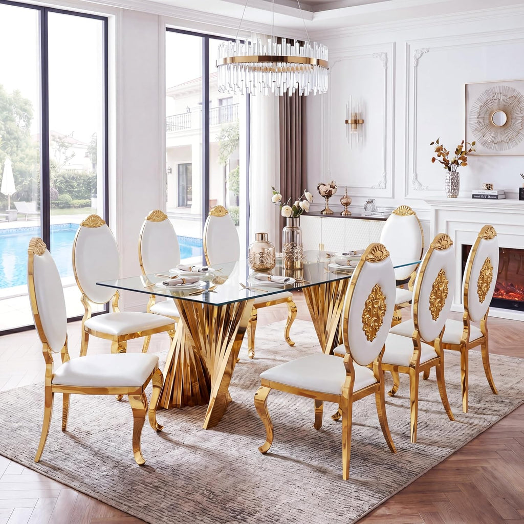 94" Modern Glass Gold Dining Table for 8-10, Luxury Kitchen Table with Tempered Glass Top & Mirror Finish Stainless Steel Base, Large Dinner Pedestal Tables for Home Banquet Hall Room, Only Table