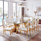 94" Modern Glass Gold Dining Table for 8-10, Luxury Kitchen Table with Tempered Glass Top & Mirror Finish Stainless Steel Base, Large Dinner Pedestal Tables for Home Banquet Hall Room, Only Table