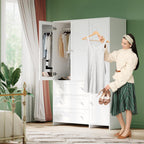 VOWNER 71" Armoire Wardrobe Closet with 3 Drawers and Mirror | Clothing Storage Cabinet with Hanging Rod, 4 Doors Wooden Wardrobe Cabinet for Bedroom, Large Capacity Storage