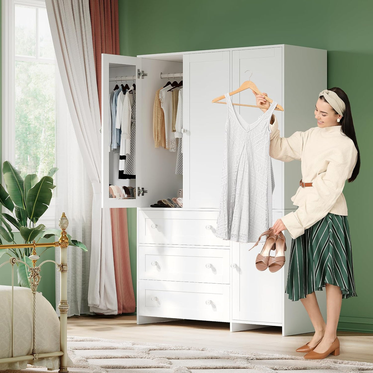 VOWNER 71" Armoire Wardrobe Closet with 3 Drawers and Mirror | Clothing Storage Cabinet with Hanging Rod, 4 Doors Wooden Wardrobe Cabinet for Bedroom, Large Capacity Storage