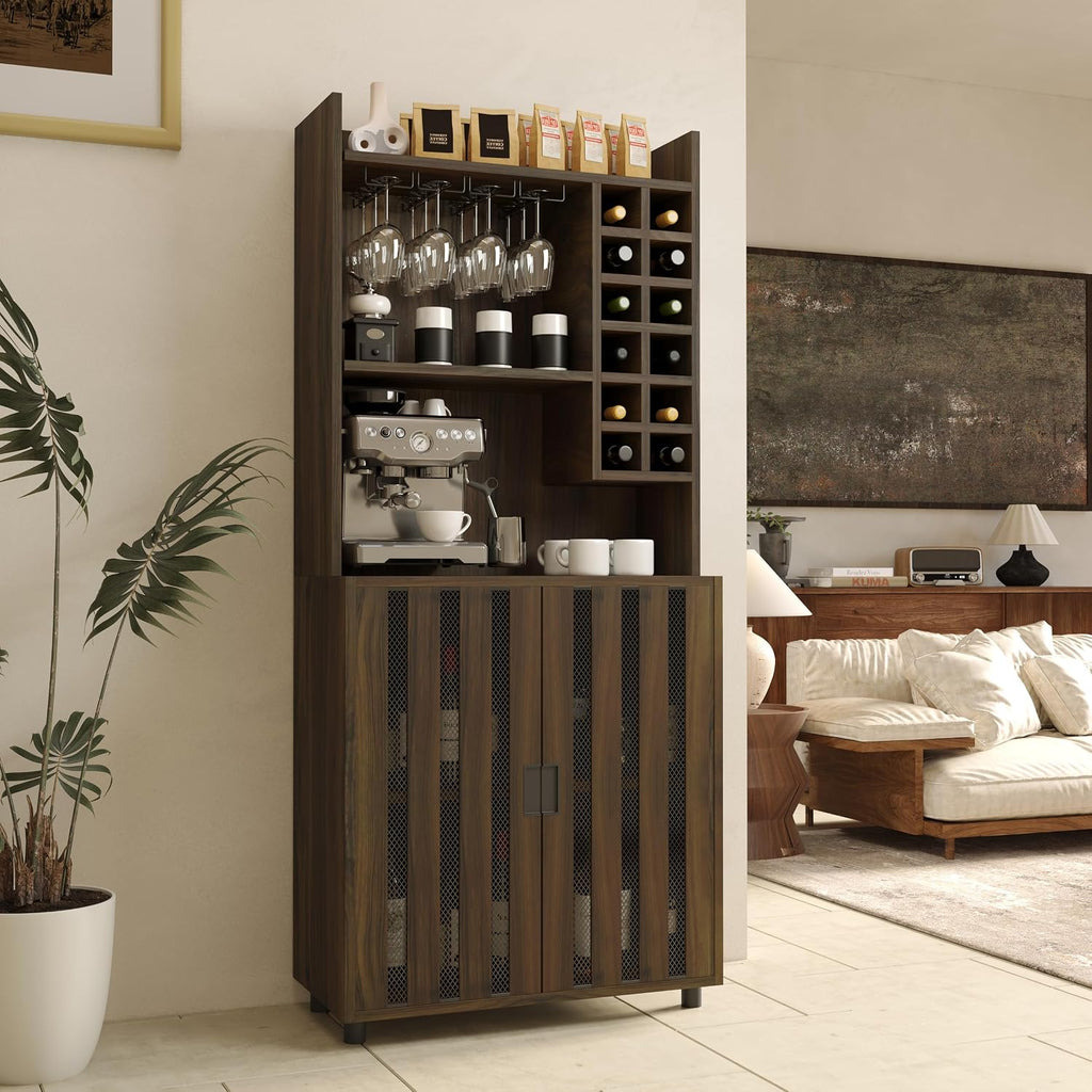 71" Kitchen Pantry Cabinet with 12 Wine Bottle Racks, Kitchen Hutch Food Pantry with Microwave Stand, Storage Cabinet with Doors and Shelves