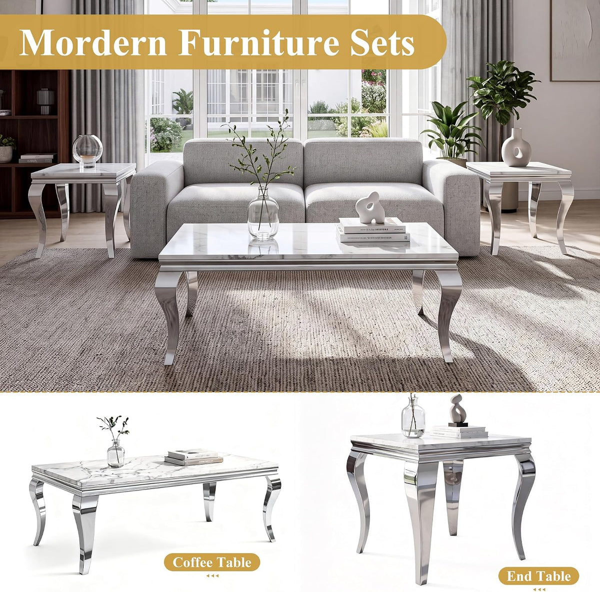 3-Piece Faux Marble Coffee Table Set with Silver Stainless Steel Legs | Modern Rectangular Center Table and 2 Square End Tables for Living Room, Office