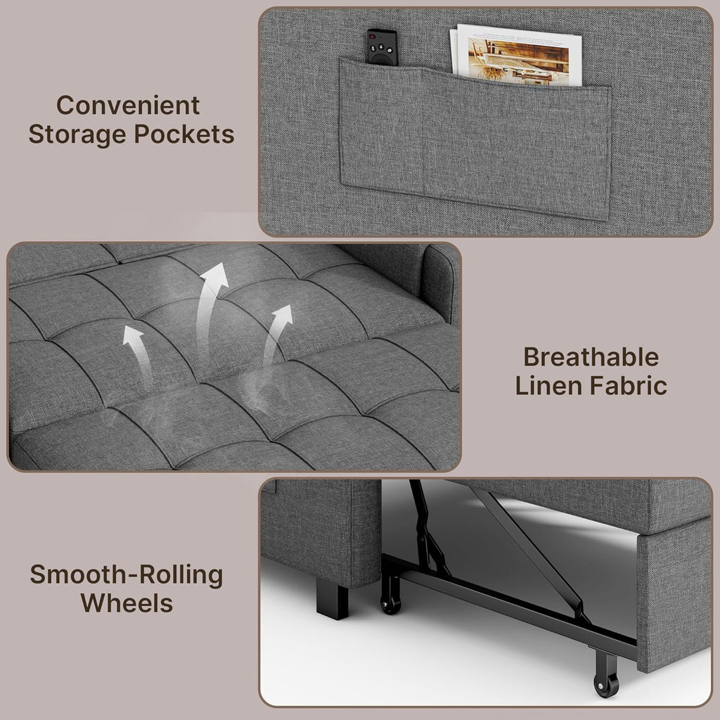 Gizoon Convertible Sofa Bed Modern Couch Bed & Small Loveseat Sleeper, Grey | 3 in 1 Pull out Couch, Space-Saving Design, 5-Position Adjustable Futon Sofa Bed for Living Room, Apartment, Guest Room