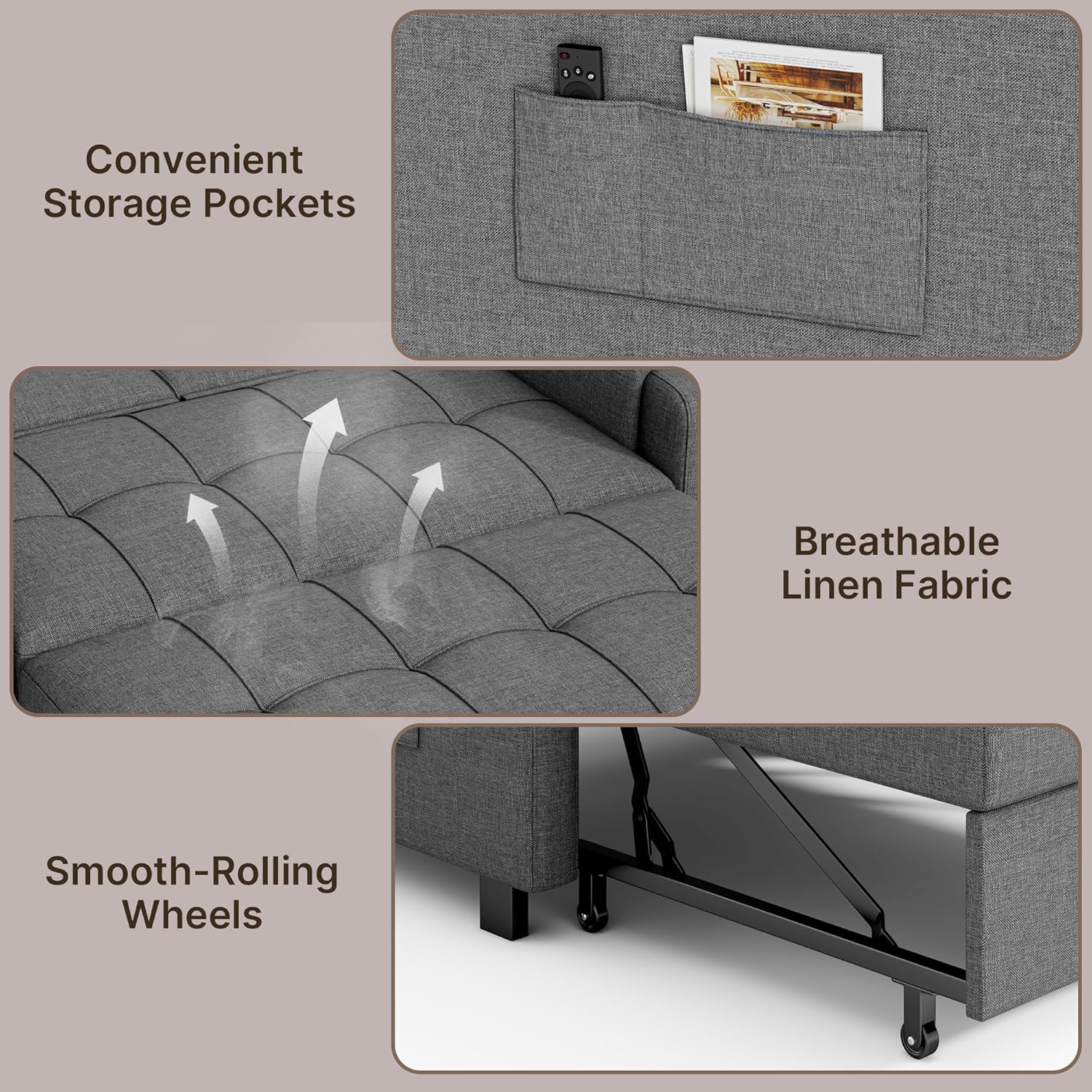 Gizoon Convertible Sofa Bed Modern Couch Bed & Small Loveseat Sleeper, Grey | 3 in 1 Pull out Couch, Space-Saving Design, 5-Position Adjustable Futon Sofa Bed for Living Room, Apartment, Guest Room