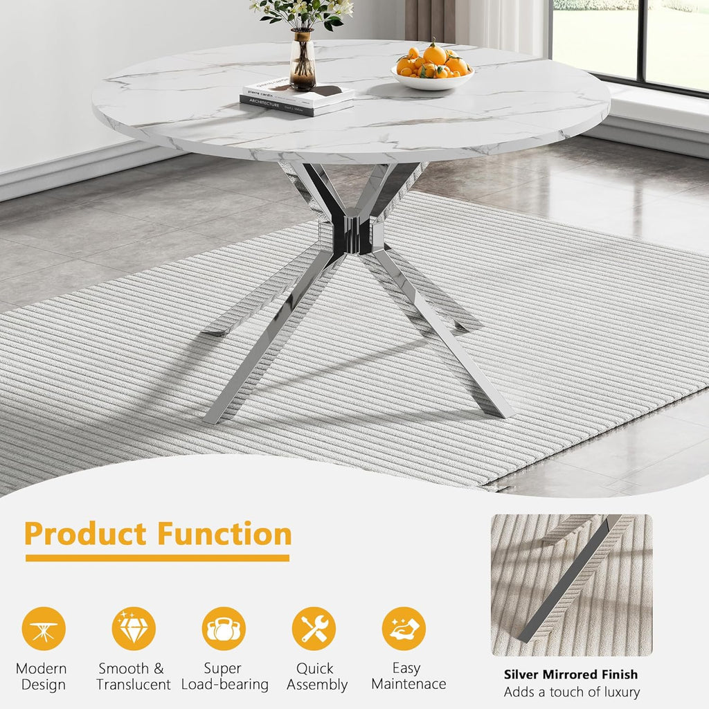 Modern Round Dining Table for 4 to 6, 47 inch Circle Dining Table with White Faux Marble Top & Silver Stainless Steel X Base, Round Dining Room Table for Kitchen Dining Room Small Space