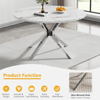 Modern Round Dining Table for 4 to 6, 47 inch Circle Dining Table with White Faux Marble Top & Silver Stainless Steel X Base, Round Dining Room Table for Kitchen Dining Room Small Space