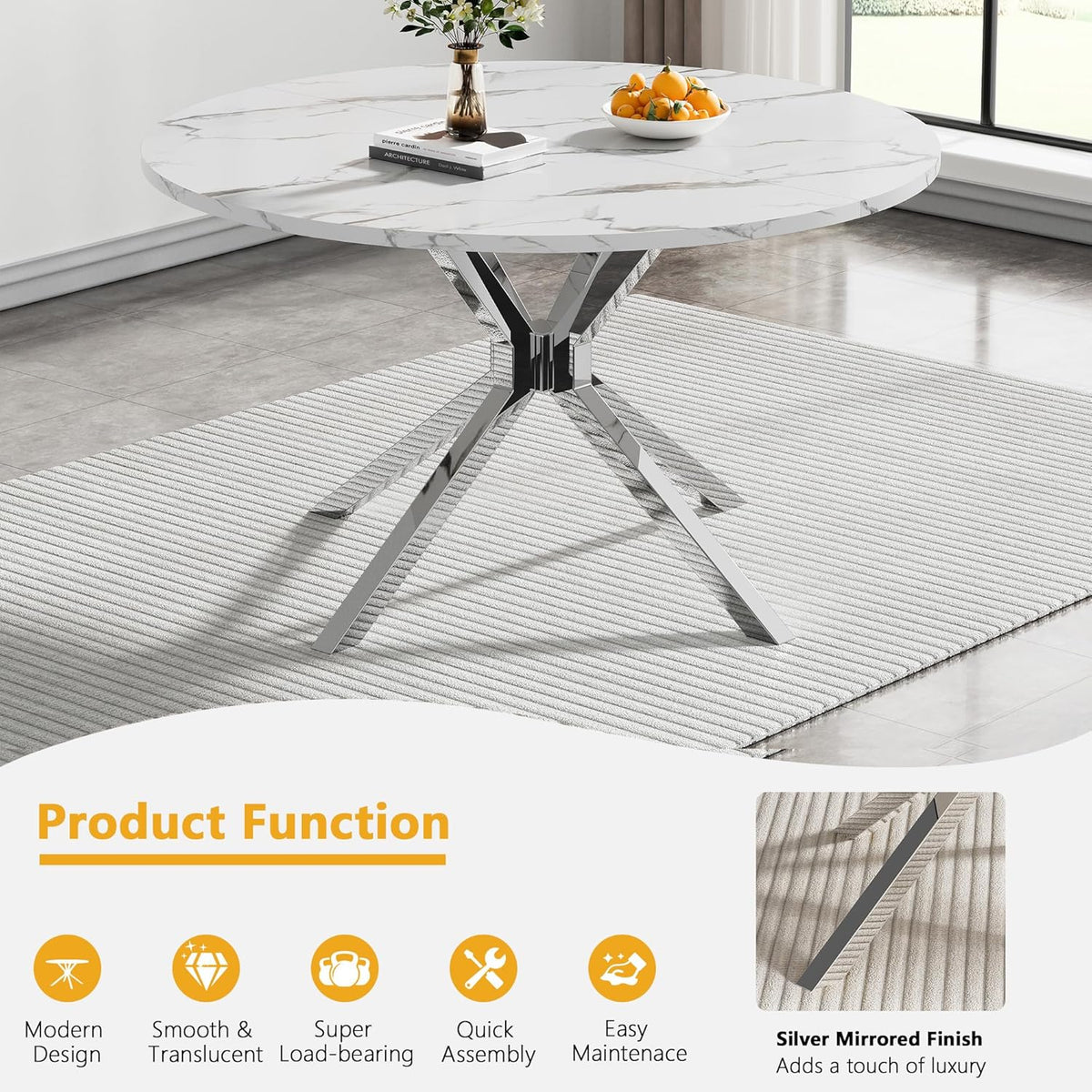 Modern Round Dining Table for 4 to 6, 47 inch Circle Dining Table with White Faux Marble Top & Silver Stainless Steel X Base, Round Dining Room Table for Kitchen Dining Room Small Space